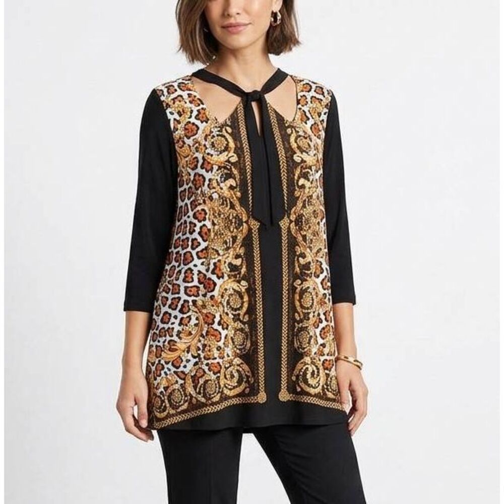 Eva Varro Black & gold animal print open collar strappy neck tunic top XL
